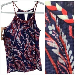 Spense Strappy Cami Navy Red Tank Sleeveless Braided Neck Mesh Blouse Shell Top